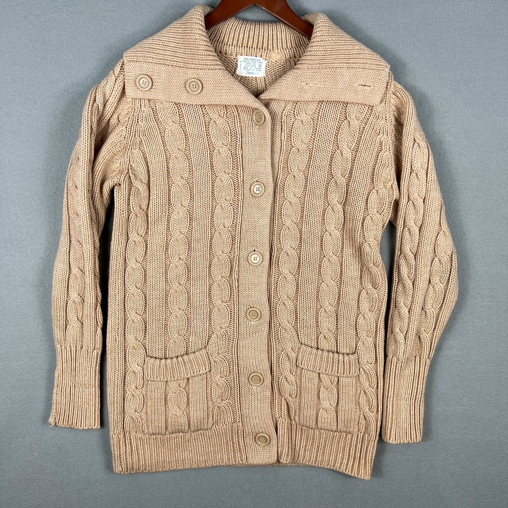 VTG Sears Cable Knit Shawl Collar Cardigan Sweater Tan Acrylic 70s 80s Fits‎ M